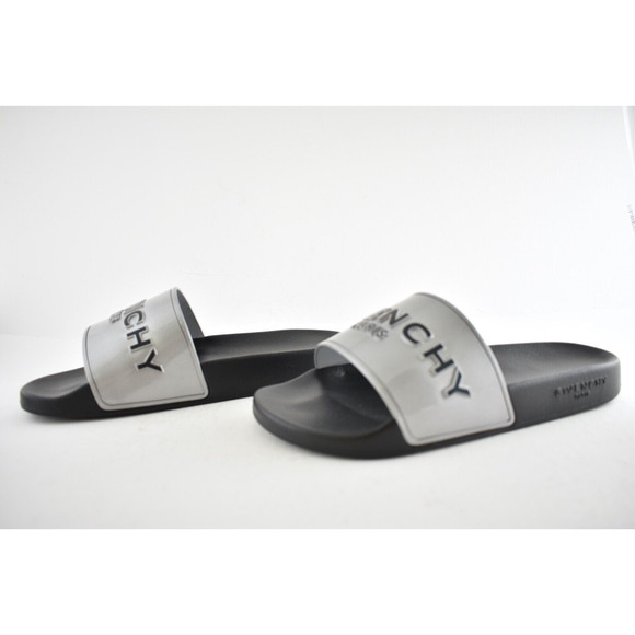 Givenchy Silver Rubber Black Logo Print Slide On Pool Sandal Flip Flop Flat 38 - Picture 10 of 12